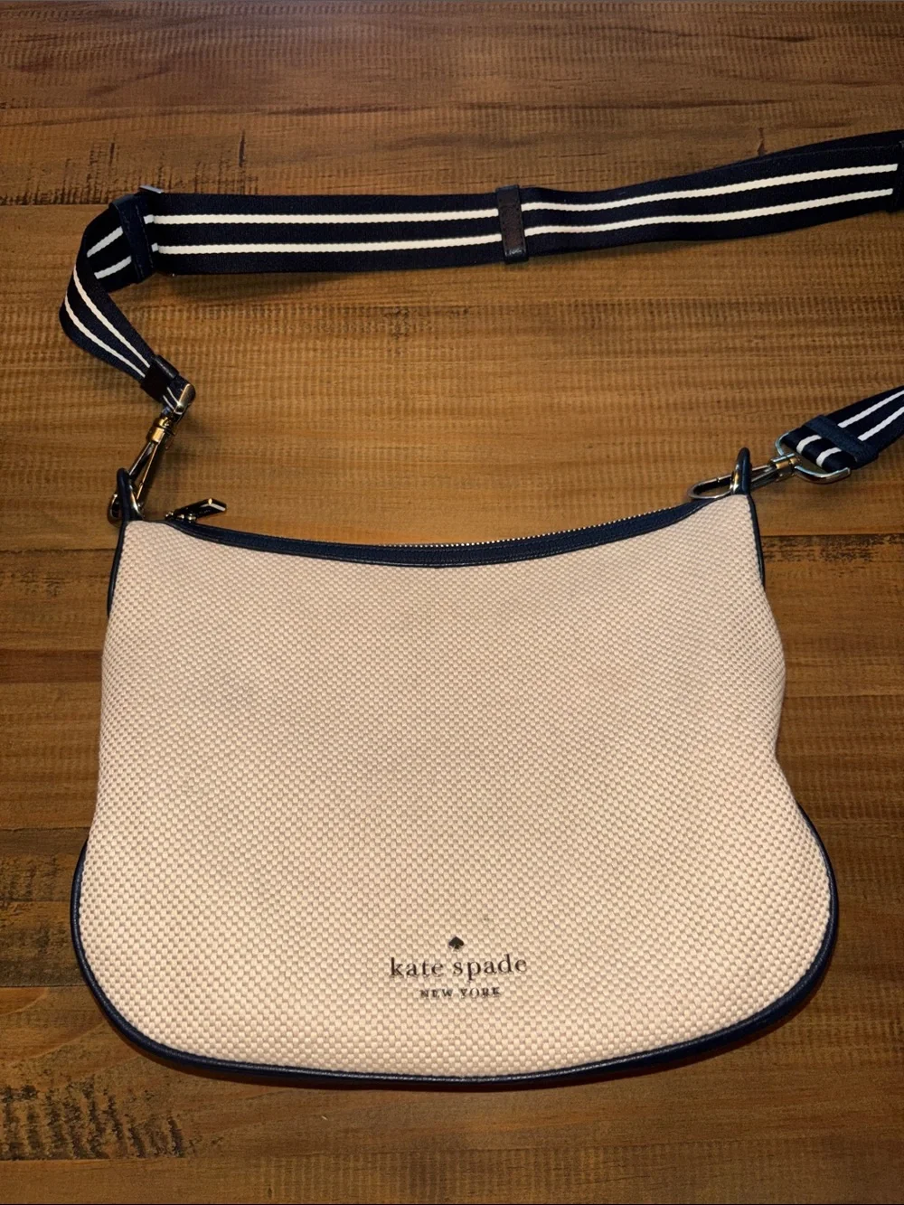 kate spade Cream Canvas Crossbody with Navy Trim and Striped Strap EUC!